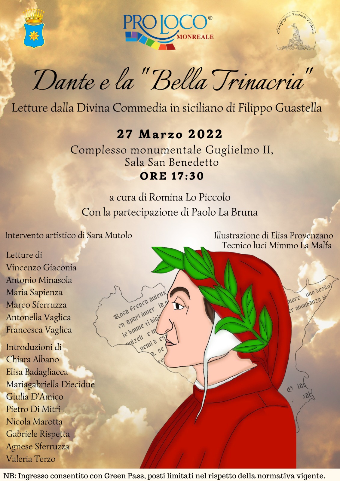 Lo spettacolo “Dante e la Bella Trinacria”, domani, nella Sala San Benedetto del complesso monumentale Guglielmo II.
