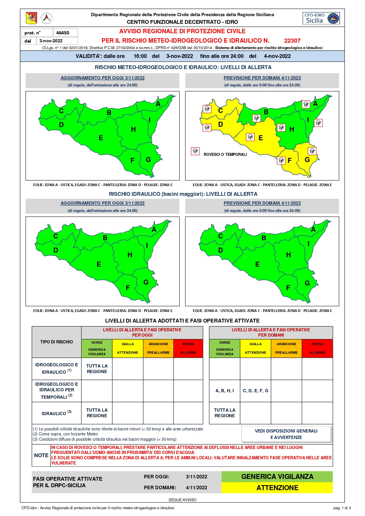 Avviso Regionale di Protezione Civile per il Rischio Meteo-Idrogeologico e Idraulico n.22307 VALIDITA’: dalle ore 16:00 3-nov-2022 fino alle ore 24:00 del 4-nov-2022