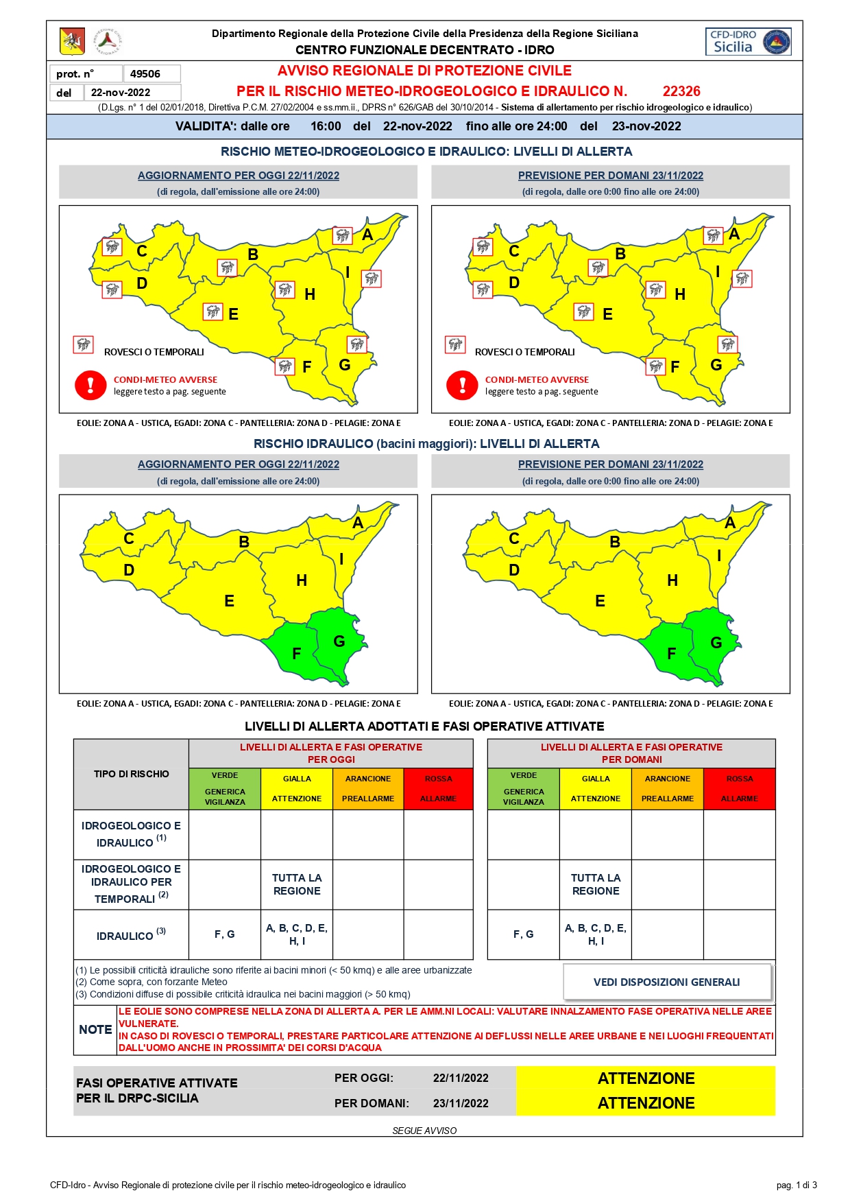 Avviso Regionale di Protezione Civile per il Rischio Meteo-Idrogeologico e Idrogeologico n. 22326