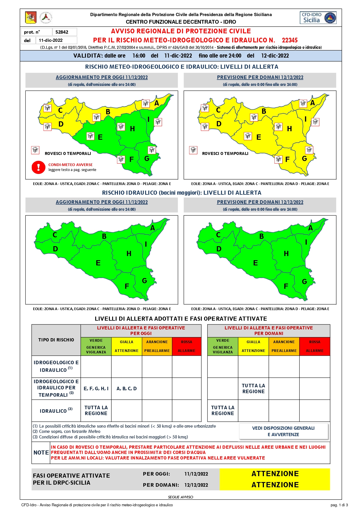 Avviso Regionale di Protezione Civile per il Rischio Meteo-Idrogeologico e Idraulico n.22345 Validità’: dalle ore 16 dell’11 dicembre e fino alle ore 24:00 del 12 dicembre 2022