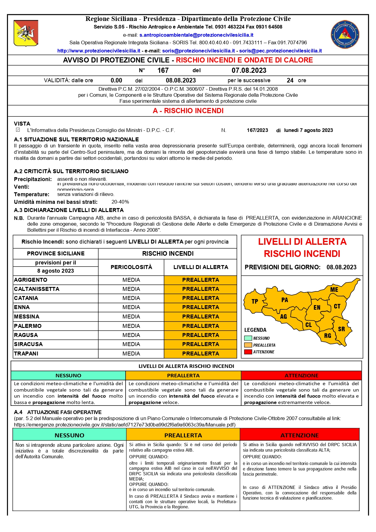 AVVISO DI PROTEZIONE CIVILE – RISCHIO INCENDI E ONDATE DI CALORE N° 167 del 07.08.2023 VALIDITÀ: dalle ore 0.00 dell’08.08.2023 per le successive 24 ore