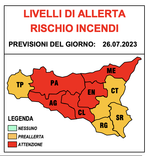 Livello allerta rischi incendi. Previsioni di mercoledì 26 Luglio 2023