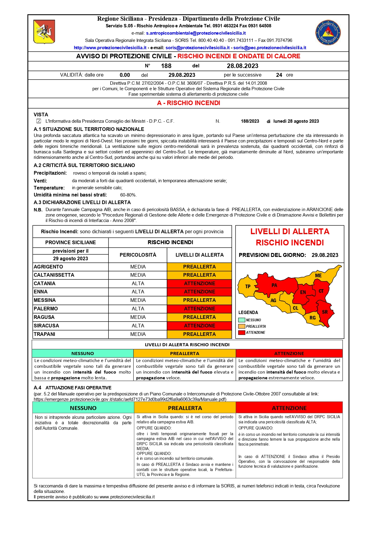 AVVISO DI PROTEZIONE CIVILE – RISCHIO INCENDI E ONDATE DI CALORE N° 188 del 28.08.2023VALIDITÀ: dalle ore 0.00 del 29.08.2023 e per le successive 24 ore