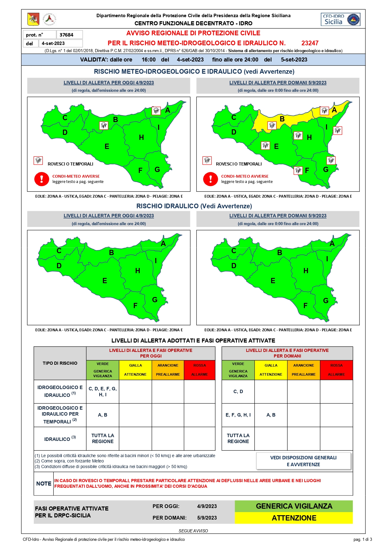 AVVISO REGIONALE DI PROTEZIONE CIVILE PER IL RISCHIO METEO-IDROGEOLOGICO E IDRAULICO N. 23247 del 4-set-2023.VALIDITA’: dalle ore 16:00 fino alle ore 24:00 del 5-set-2023