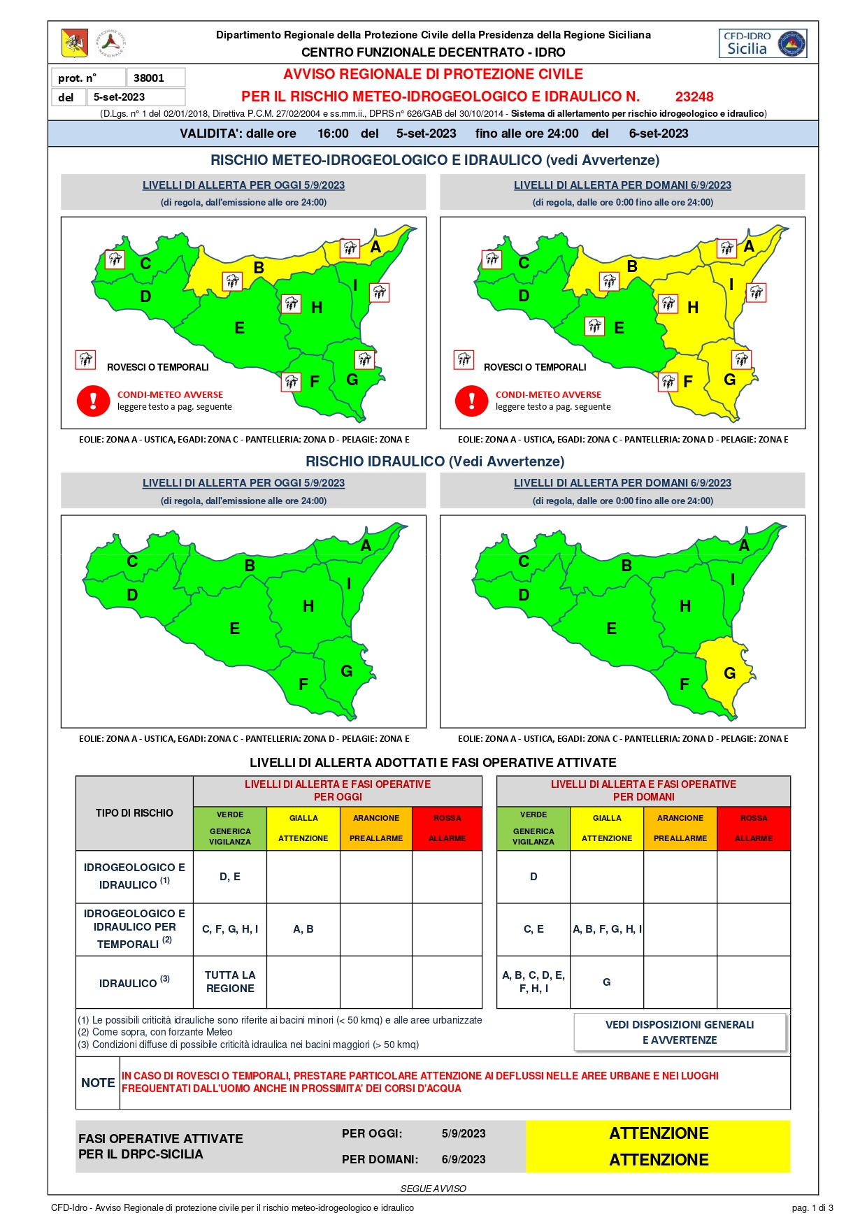 AVVISO REGIONALE DI PROTEZIONE CIVILE PER IL RISCHIO METEO-IDROGEOLOGICO E IDRAULICO N.23248 VALIDITA’: dalle ore 16 del 5-set-2023 fino alle ore 24 del 6-set-2023