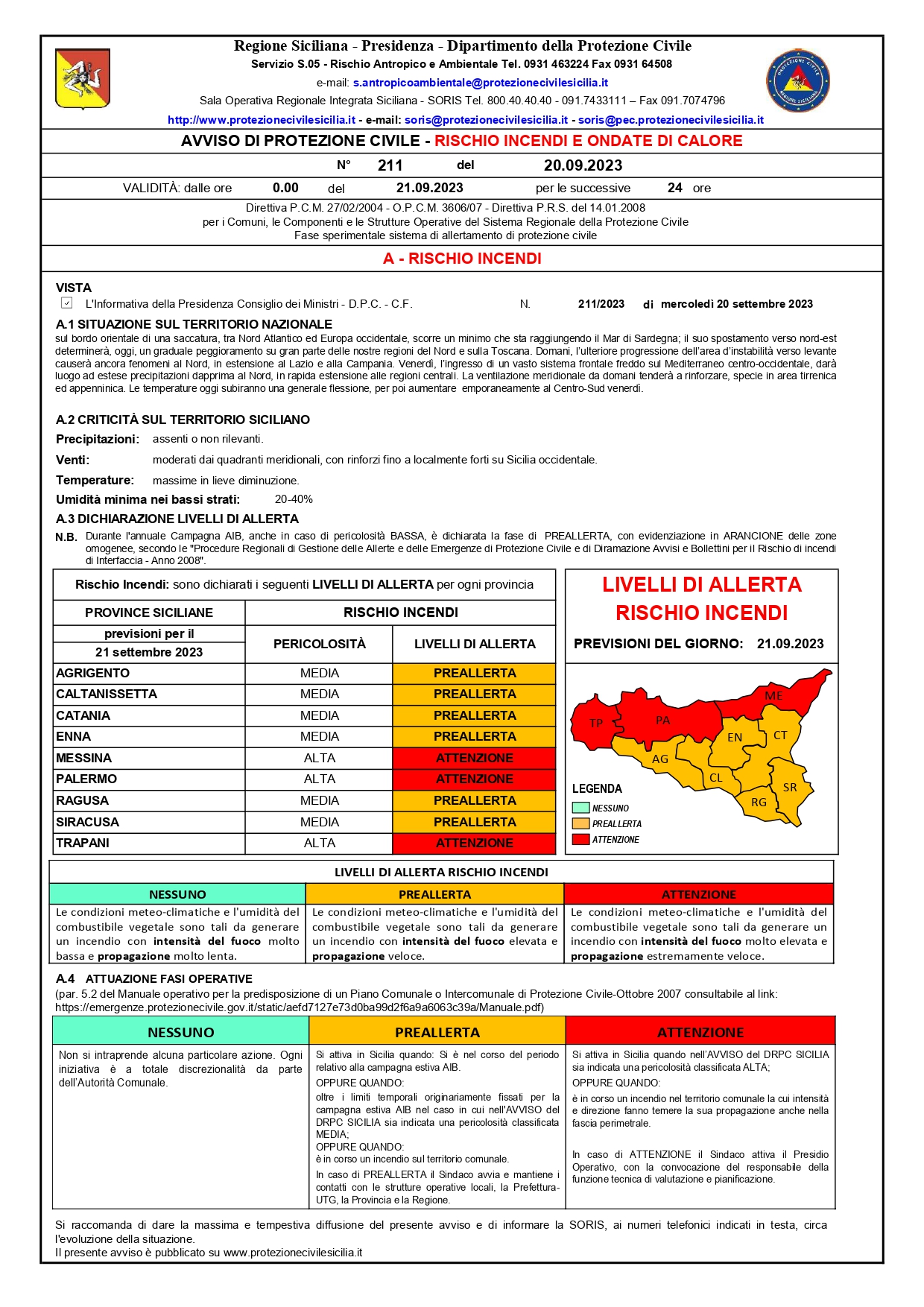 AVVISO DI PROTEZIONE CIVILE – RISCHIO INCENDI E ONDATE DI CALORE n° 211 del 20.09.2023. VALIDITÀ: dalle ore 0.00 del 21.09.2023 e per le successive 24 ore